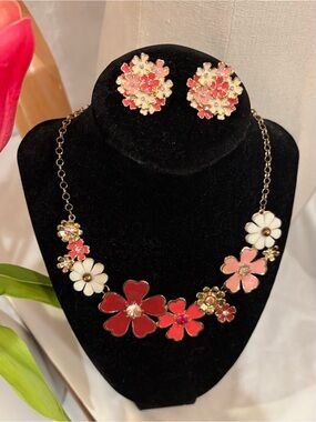 Floral Enamel Necklace and Earring Set - Pink, Red & White